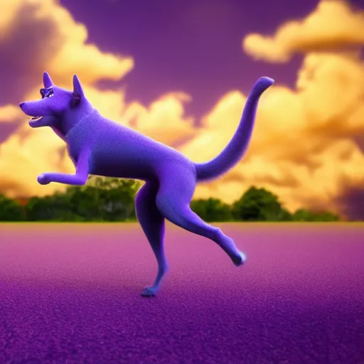 Image similar to a beautiful 3d render of a purple dog dancing, in the style of disney, dramatic clouds in background, the dog is doing a ballet dance, highly detailed, 8k resolution