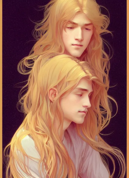 Image similar to pretty young man with shoulder length shiny shimmering golden blond hair, path traced, highly detailed, high quality, digital painting, by studio ghibli and alphonse mucha, leesha hannigan, beautiful details, soft and warm