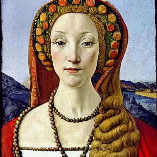 Image similar to portrait of a white labrododdle dressed as an italian queen, painting by botticelli, 1 4 8 0 s