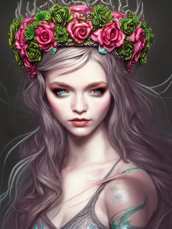 Image similar to digital art, centered elven bride, vivid flower crown ,intricate, veins, by James Jean and by artgerm , ultradetailed, charachter design, concept art, trending on artstation,