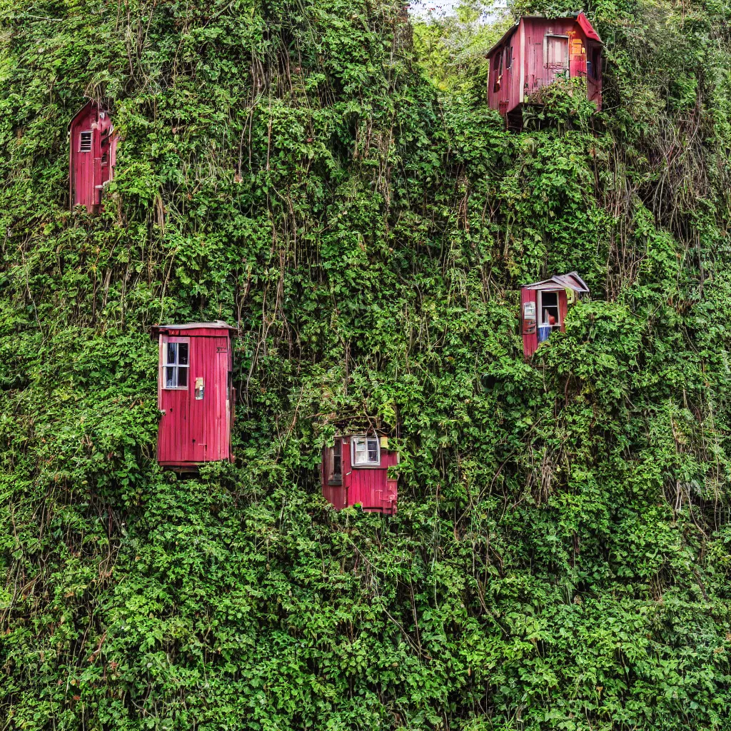 Prompt: a single high tower made up of various colourful makeshift squatter shacks, surrounded by ivy, sony a 7 r 3, f 2 2, fully frontal view, photographed by ansel adams, ultra detailed,