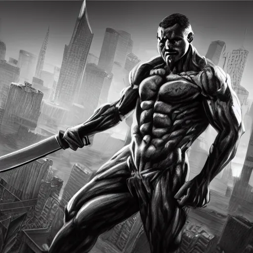 Image similar to black and white muscular demon man holding bayonet knife exploring urban environment, concept art trending on art station 4k award-winning unreal engine