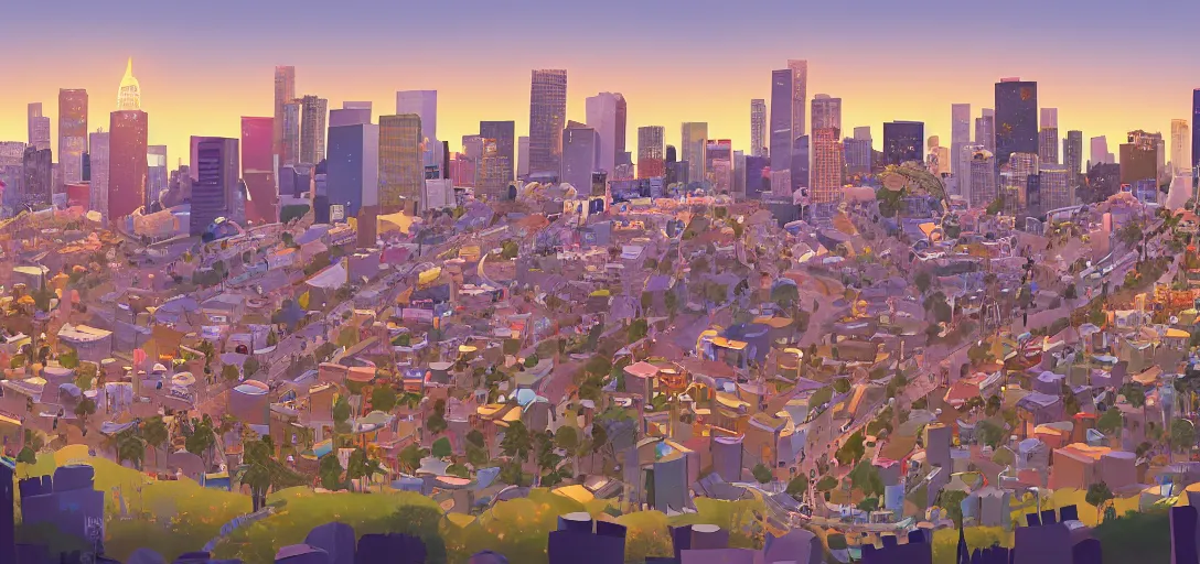 Image similar to visual development los angeles skyline cityscape, by lou romano, pixar disney dreamworks sony animation, photoshop, the art of books