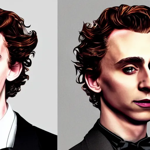 Image similar to Timothee Chalamet and Tom Hiddleston crossbreed, illustrated and rendered by Xie Boli, trending on artstation, 4k, 8k, photorealistic imagery, photorealistic details, intricate, highly detailed