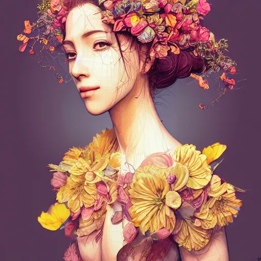 Image similar to the portrait of an absurdly beautiful, graceful, elegant, and perky young woman made of bananas and petals, an ultrafine detailed illustration by kim jung gi, irakli nadar, intricate linework, bright colors, octopath traveler, final fantasy, angular, unreal engine 5 highly rendered, global illumination, radiant light, detailed and intricate environment