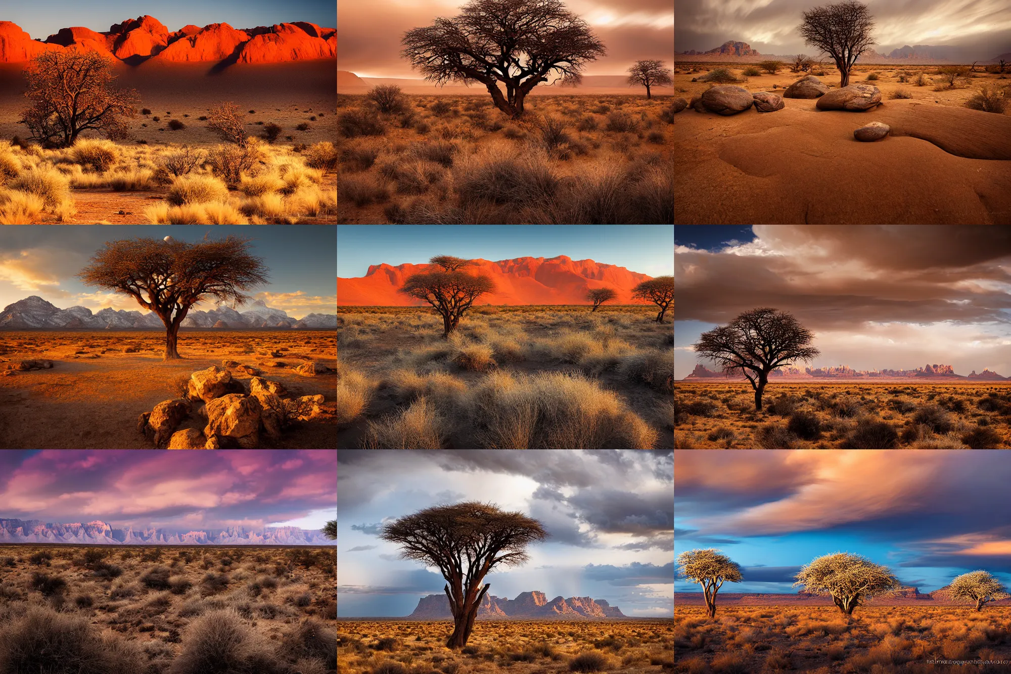 Prompt: beautiful landscape photography of the Kalahari desert, with small rocks in the foreground and a tree in the distance, rugged mountains in the far distance with snowy peaks, swirling clouds, by Marc Adamus,