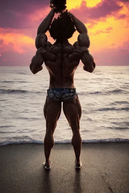 Image similar to a very muscular and defined man wearing ripped pants and shirt looking to the sea at sunset, godrays, complementary colors, natural lighting, portait image, path tracing, serene landscape, high quality, highly detailed, 8K, soft colors, warm colors, turbulent sea, high coherence, anatomically correct, hyperrealistic, concept art, defined face, five fingers