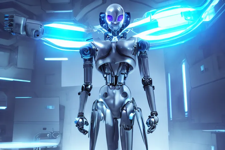 Prompt: cyberpunk alien concept inspired anime robot, futuristic look, highly detailed body, very powerful, photorealistic camera shot, bright studio setting, studio lighting, crisp quality and light reflections, unreal engine 5 quality render