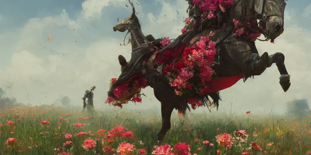 Prompt: an aesthetic field of flowers, asian knight on horse, greg rutkowski, zabrocki, karlkka, jayison devadas, trending on artstation, 8 k, ultra wide angle, zenith view, pincushion lens effect