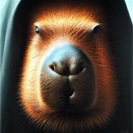 Image similar to a portrait of a capybara wearing a black hood, cloak covering face, anatomically correct, beautiful perfect face, enigmatic, oil painting, matte, black background, volumetric dynamic lighting, highly detailed, cinematic lighting, unreal engine, 8 k, hd, by beksinski