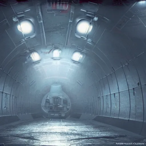 Prompt: Concept art, inside an narrow and dark room of an empty ussr submarine, messy, foggy, littles light shafts coming from bullet holes, 8k, cinematic, high details, neat