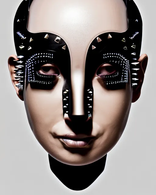 Image similar to symmetrical portrait of a biomechanical cyborg wearing a silicone steel spikes studded iridescent beauty mask and neon hair buns, wearing a black bodysuit by iris van herpen, cream white background, soft diffused light, biotechnology, humanoid robot, bjork aesthetic, translucent, by rineke dijkstra, intricate details, highly detailed, masterpiece,