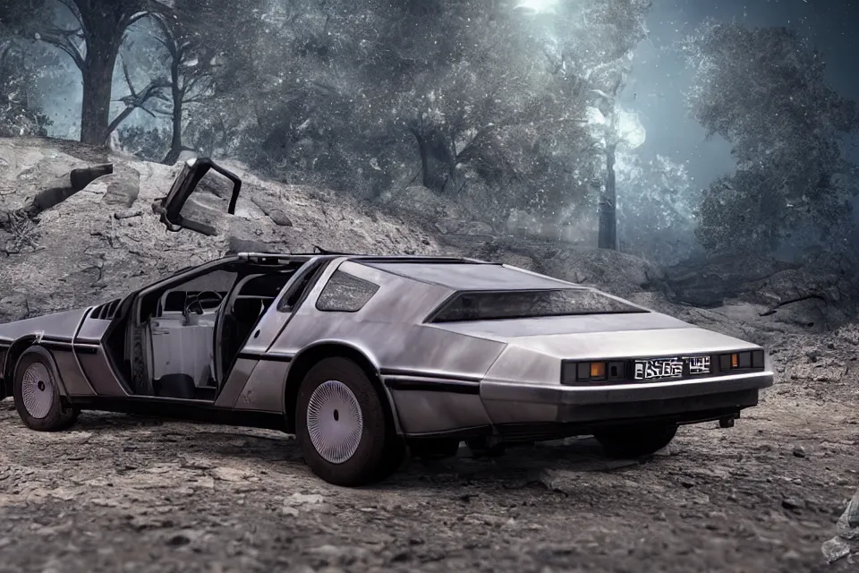 Image similar to ultra realistic delorean dmc 5 on remote ancient highway wreckage in space, dark cinematic, volumetric, realistic, 3 d render, realistic render, cinematic lighting, volumetric lighting, atmospheric, cinematic, unreal engine 5, unreal engine render, octane render, hd, photorealism, hyper realistic, 8 k