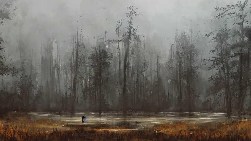 Image similar to view of swamp landscape, high quality, watercolored, jakub rozalski, dark colours, dieselpunk, artstation