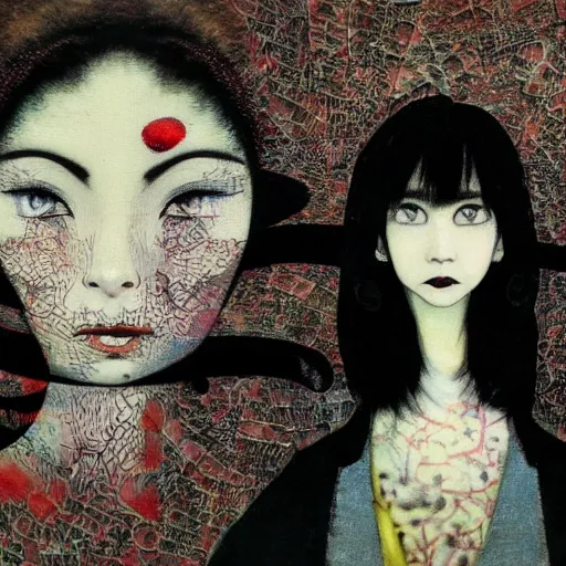 Image similar to yoshitaka amano blurred and dreamy realistic three quarter angle portrait of a young woman with black lipstick and black eyes wearing dress suit with tie, junji ito abstract patterns in the background, satoshi kon anime, noisy film grain effect, highly detailed, renaissance oil painting, weird portrait angle, blurred lost edges