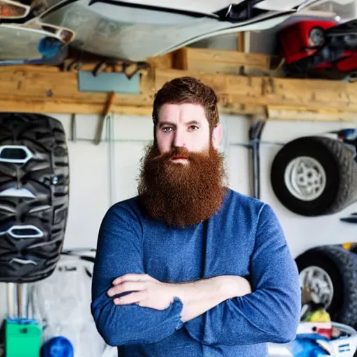 Image similar to a bearded king of the sea standing in his garage