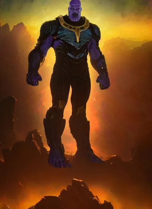 Prompt: Thanos standing in a portal of energy on a post apocalyptic battlefield, grinning emperor of the world, action pose, dramatic lighting, high contrast, cosmic horror, abstract, masterpiece, trending on ArtStation, by Moebius, blizzard concept artists, Greg Rutkovski and by Craig Mullins and by David Cronenberg and by Ismail Inceoglu