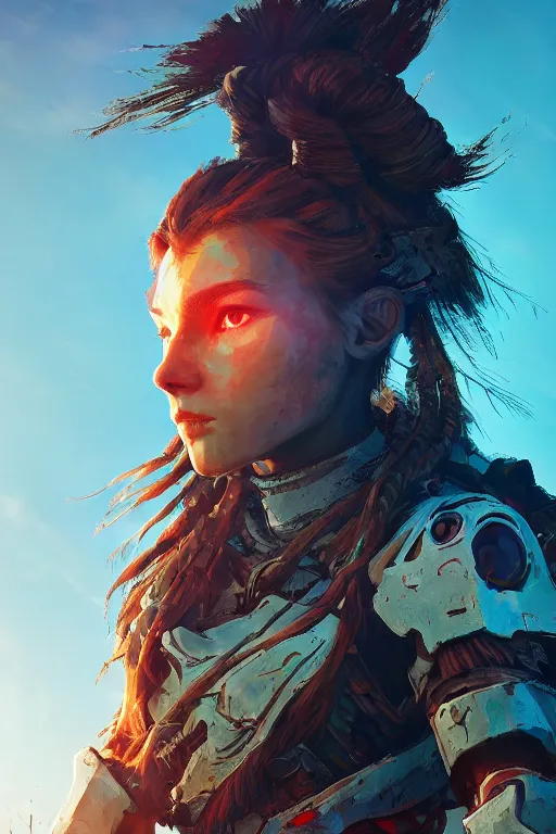 Image similar to combination suit armor aloy horizon forbidden west horizon zero dawn radiating a glowing aura global illumination ray tracing hdr fanart arstation by ian pesty and alena aenami artworks in 4 k tribal robot ninja mask helmet backpack