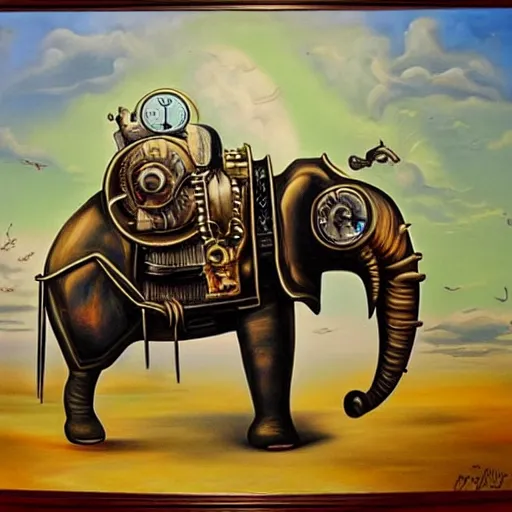 Image similar to surrealist painting of a steampunk elephant