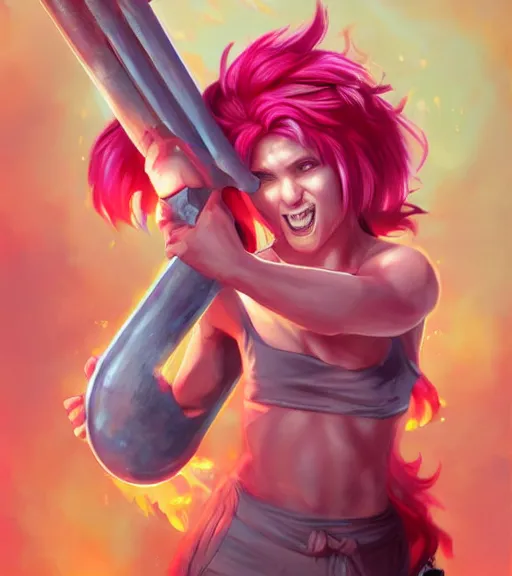 Image similar to ' tomba!'with pink hair, holding a hammer of fire by ross tran, artgerm and wlop