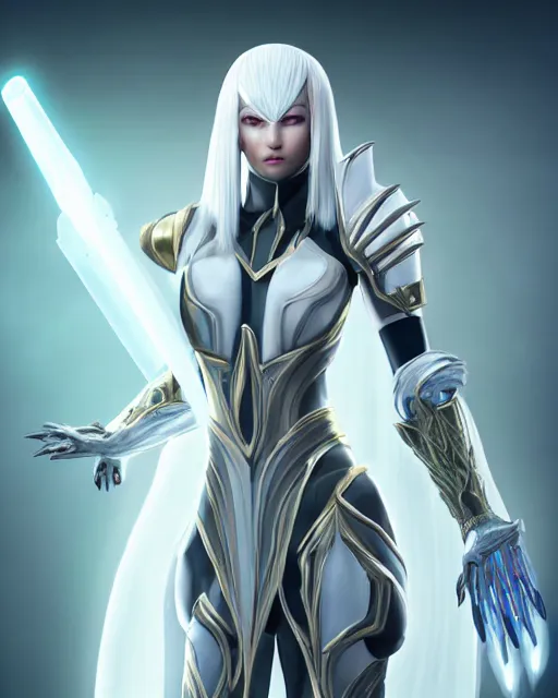 Image similar to perfect white haired attractive egyptian goddess, warframe armor, beautiful, symmetric, dreamy, half asian, pretty face, green eyes, charlize theron, detailed, scifi platform, laboratory, experiment, 4 k, ultra realistic, epic lighting, android body, illuminated, cinematic, masterpiece, art by akihito tsukushi, voidstar