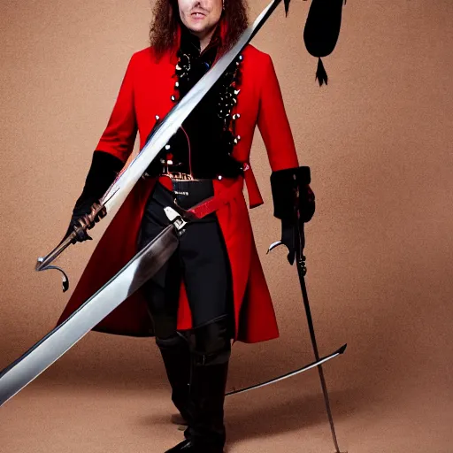 Prompt: photo of elon musk as a musketeer, he has a big black hat with a red feather, he is holding a shiny rapier sword and he is looking straight to the camera, brown background, studio lighting, 4 k, 8 k