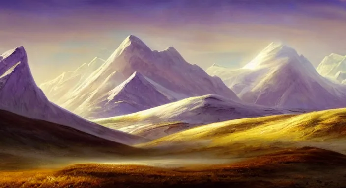 Image similar to A professional digital landscape painting of a vast wintery tundra with peaking mountains in the background, painted by Terese Nielsen, 4k, digital art, trending on cgsociety, highly detailed, upper body shot, shallow depth of field, purple and yellow lighting, professional lighting, airbrush,