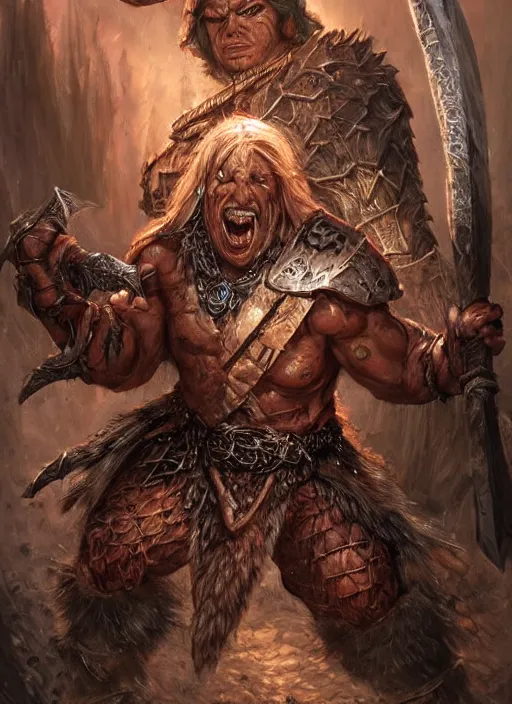 Image similar to enraged barbarian, ultra detailed fantasy, dndbeyond, bright, colourful, realistic, dnd character portrait, full body, pathfinder, pinterest, art by ralph horsley, dnd, rpg, lotr game design fanart by concept art, behance hd, artstation, deviantart, hdr render in unreal engine 5