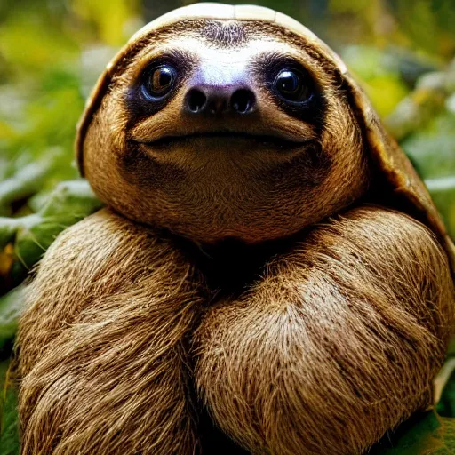 Image similar to turtle sloth hybrid, bold natural colors, national geographic photography, masterpiece, full shot