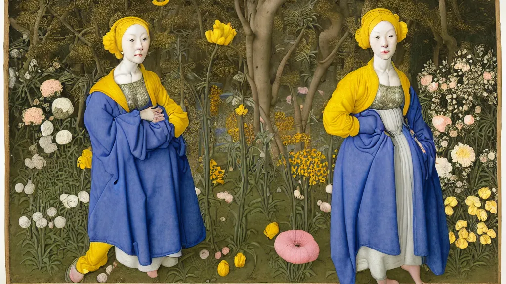 Image similar to portrait of a woman with blue hair buns, wearing a yellow jacket and baggy jeans, standing in a garden full of plants and flowers, intricate details, high detail, in the style of rogier van der weyden and jacopo da pontormo, punk, asian art,