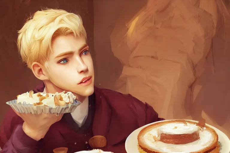 Prompt: Portrait of a Delicate blond male prince Lucius eating the most delicious cake in the world, 4k digital illustration by Artgerm, wlop, James Jean, Andrei Riabovitchev, Marc Simonetti, yoshitaka Amano, Artstation, CGsociety