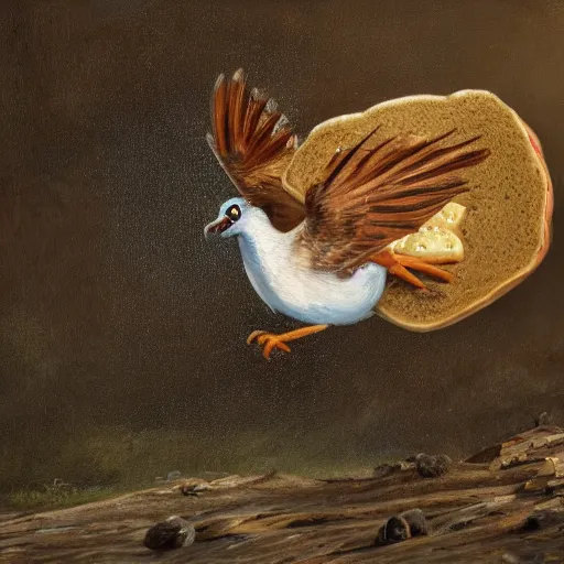 Image similar to a cartoon anthropomorphic pancake leaving the nest to fly for the first time, oil on canvas, portrait, intricate, 8k highly professionally detailed, HDR, CGsociety