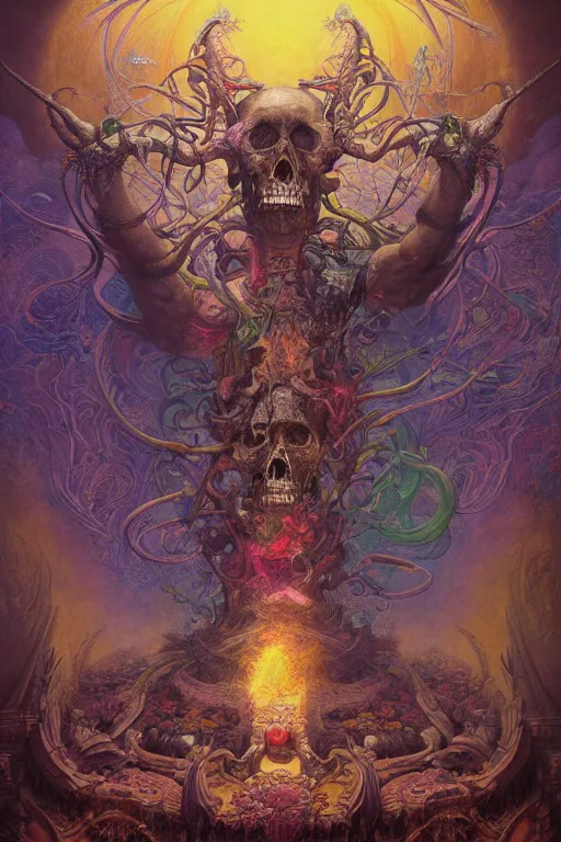 Image similar to gigantic skull psychedelic demonic cosmic of death and hell fire, fantasy painting, ultra realistic, wide angle, art nouveau, intricate details, rainbowshift, vivid colors, highly detailed by peter mohrbacher, h. r. giger, maxfield parrish, gustave dore, craig mullins, octane render, cgi