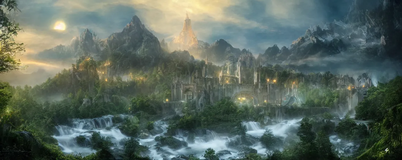 Image similar to epic photo of rivendell in the style of the tv series arcane, hyper detailed, moody, sunrise, cinematic lighting