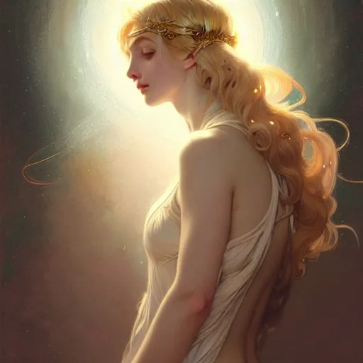 Image similar to A portrait of a blonde girl with a glowing halo surrounded by many delicate feathers, face, intricate, elegant, highly detailed, digital painting, artstation, concept art, smooth, sharp focus, illustration, art by Krenz Cushart and Artem Demura and alphonse mucha