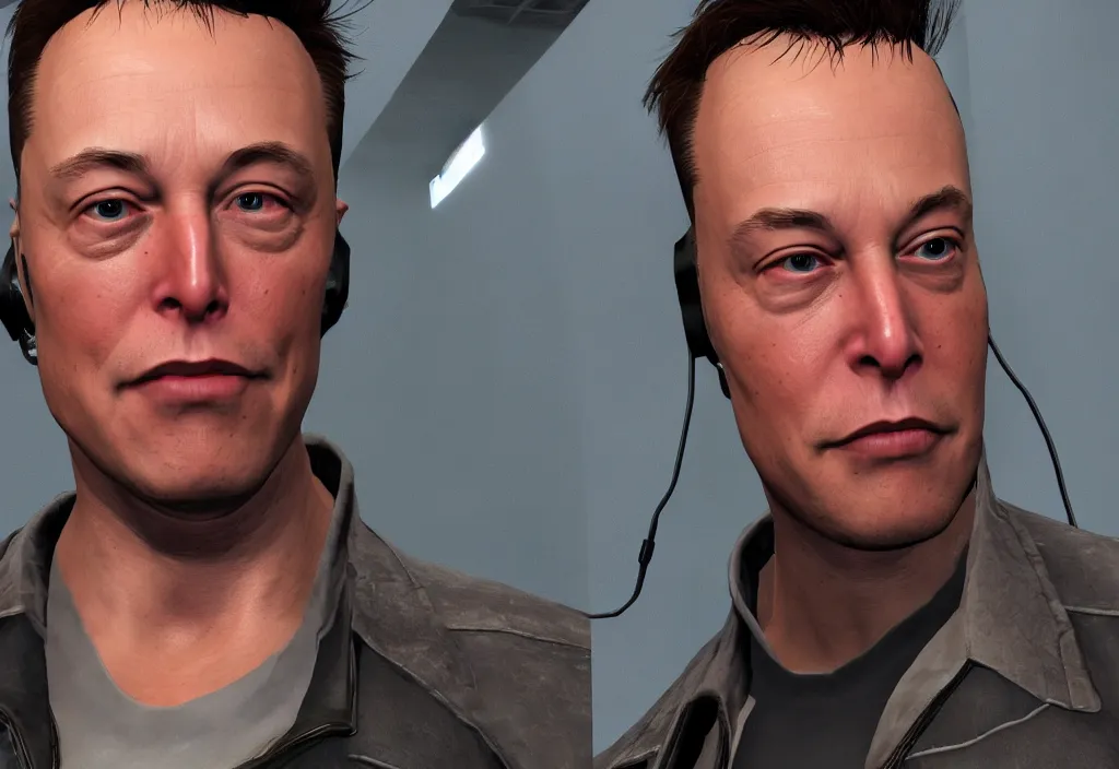 Image similar to elon musk in half life, elon musk in the video game half life, gameplay screenshot, close up, 3 d rendering. unreal engine. amazing likeness. very detailed.