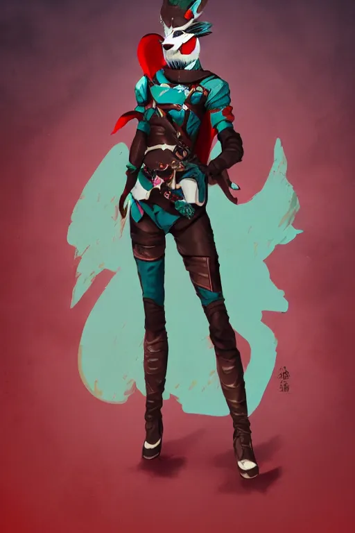 Image similar to female adventurer in tight full - body teal leather armor of japanese design with red accents and a white porcelain crow mask, trending in artstation, japanese, artstation, big moon in the background, establishing shot