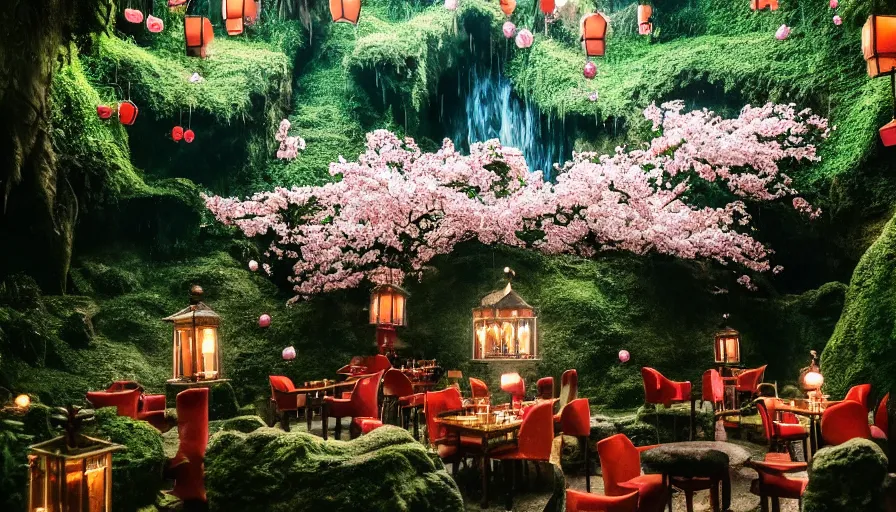 Image similar to 35mm film still of a very surreal magical European castle cafe in a lush waterfall garden, falling cherry blossoms pedals, in the style of Gucci, James Jean and Wes Anderson glowing lights and floating lanterns, foggy atmosphere, rainy, moody, muted colors, magic details, very detailed, 8k, cinematic look