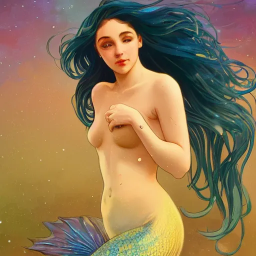 Image similar to a mermaid with a beautiful sparkling fin, cinematic lighting, soft bokeh, fantasy, modern, colourful, highly detailed, digital painting, artstation, deviantart, concept art, sharp focus, illustration, alphonse mucha, edward hopper