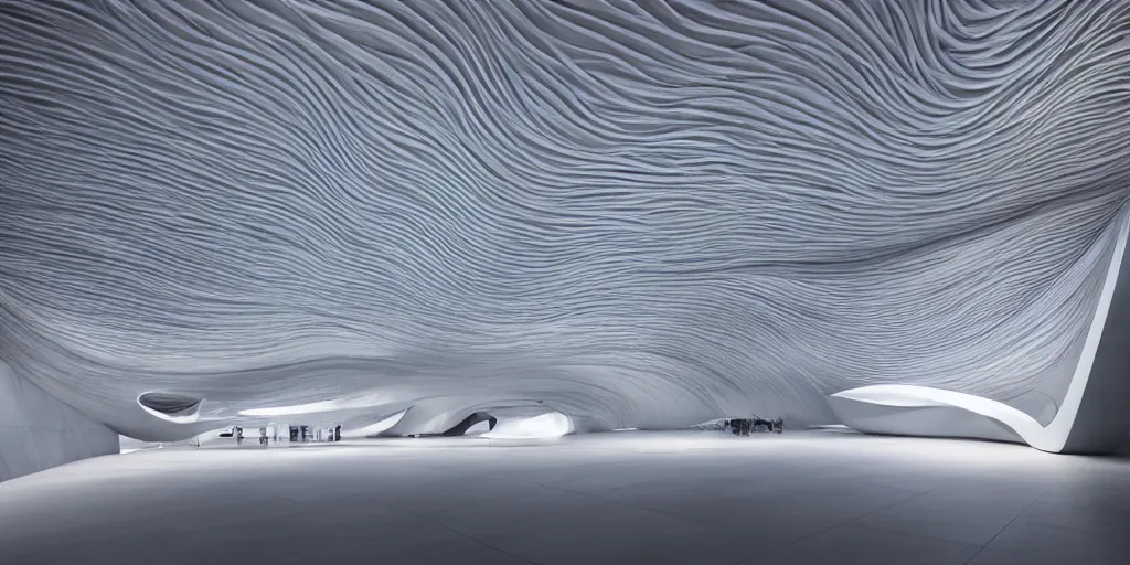 Image similar to extremely detailed awe stunning beautiful futuristic smooth curvilinear museum interior by zaha hadid, translucent gills, stunning volumetric light, stainless steel, concrete, translucent material, beautiful sunset, hyper real, 8k, colorful, 3D cinematic volumetric light, atmospheric light