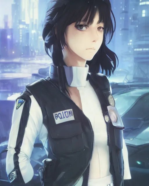 Prompt: anime key visual of a young female police officer, neon, cyberpunk, futuristic, white clothing, black vest, stunning, highly detailed, digital painting, artstation, smooth, soft focus, illustration, art by artgerm and greg rutkowski and alphonse mucha