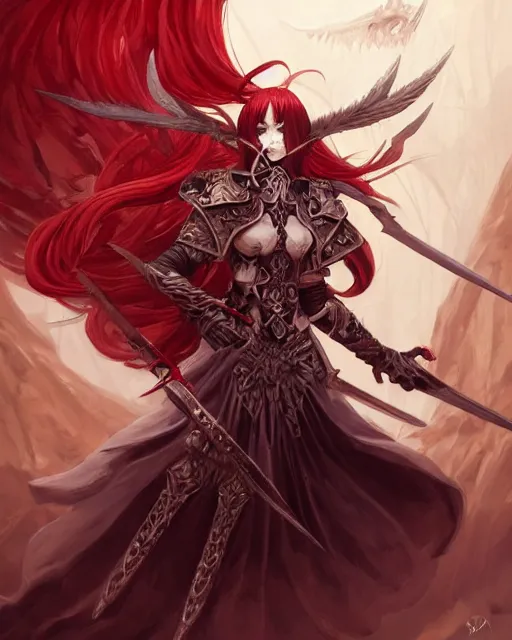 Prompt: mage fighting a shinigami, ivory carved mantle, red hair straight bangs wearing ivory carved bone armor, bone plants, intricate, elegant, highly detailed, digital painting, full body concept art, smooth, ultra wide angle horizon, illustration, art by artgerm, greg rutkowski, ilya kuvshinov