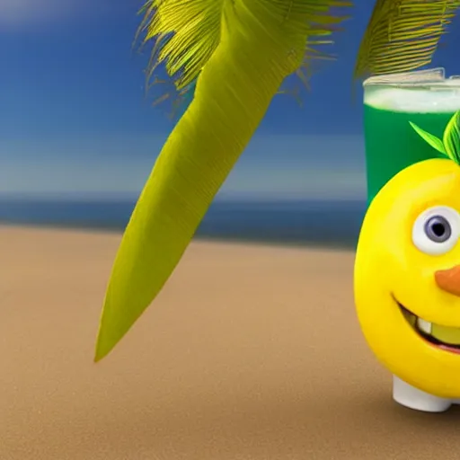 Image similar to a cgi happy smiling lemon character with a leaf on the top and two feet, holding an tropical drink, on the beach, as an octane render