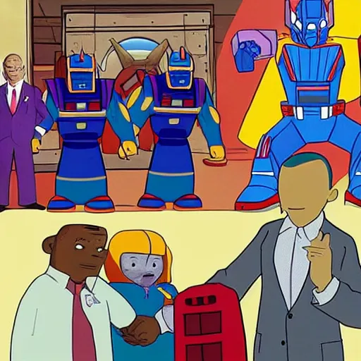 Prompt: obama dapping up optimus prime in adventure time,