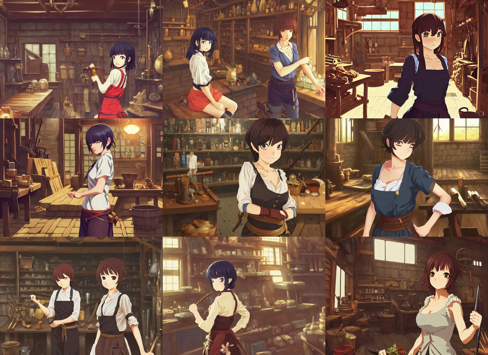 Prompt: anime visual, portrait of a fantasy female adventurer shopping at a blacksmith's shop interior, cute face by ilya kuvshinov, yoh yoshinari, makoto shinkai, katsura masakazu, dynamic pose, dynamic perspective, flat cel shaded, mucha, crisp smooth lines, rounded eyes