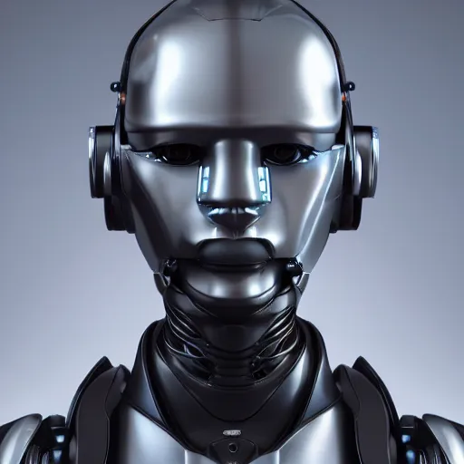 Image similar to an amazing robot-helmet, robotic head-bust portrait, of a sci-fi, human robot hybrid with weaponized systems built into the 3d helmet, cgi, zbrush, blender, octane render