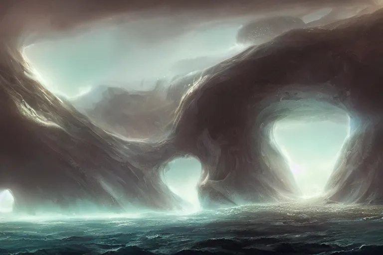 Image similar to primordial waters, chaos, the world without form and void, darkness shone on the face of the deep, amazing concept painting by Jessica Rossier