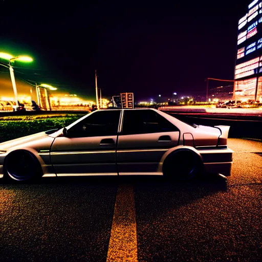 Image similar to a car JZX90 at illegal car meet, Chiba prefecture, city midnight mist lights, cinematic color, photorealistic, highly detailed, 50MM