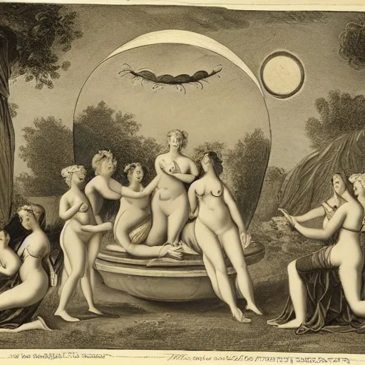 Prompt: The print shows Venus seated on a crescent moon. She is surrounded by the goddesses Ceres and Bacchus, who are both holding cornucopias. paper embossing, Indian by Pieter Nason swirling