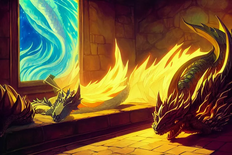 Image similar to anime key visual of majestic prismatic dragon sleeping in a treasury of gold and treasure, great dwarven halls lit by cauldrons of fire, high fantasy, style of jamie wyeth james gilleard edward hopper greg rutkowski acrylic painting, preserved museum piece, historical